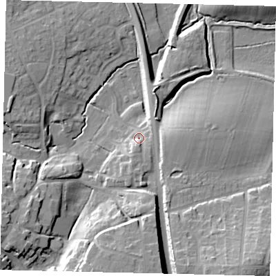 Shaded relief map of the ground around BN443SQ, computed from Environment Agency LiDAR. The ground here sits at about 8 m above sea level and falls 19 m across the surrounding 800 m. Surface water reaching this point runs off ground lying to the south-south-west, 14.2 m higher.