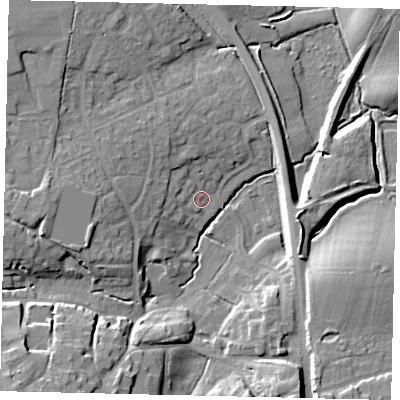 Shaded relief map of the ground around BN443SR, computed from Environment Agency LiDAR. The ground here sits at about 7 m above sea level and falls 17 m across the surrounding 800 m. Surface water reaching this point runs off ground lying to the south-west, 16.5 m higher.