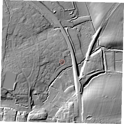 Shaded relief map of the ground around BN443SS, computed from Environment Agency LiDAR. The ground here sits at about 7 m above sea level and falls 15 m across the surrounding 800 m. Surface water reaching this point runs off ground lying to the south-west, 13.8 m higher.