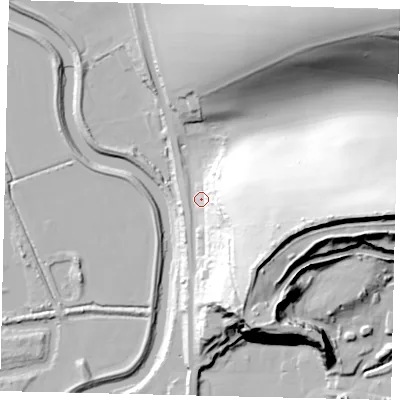 Shaded relief map of the ground around BN443TD, computed from Environment Agency LiDAR. The ground here sits at about 8 m above sea level and falls 69 m across the surrounding 800 m. Surface water reaching this point runs off ground lying to the east-south-east, 48.5 m higher.
