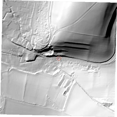 Shaded relief map of the ground around BN443TF, computed from Environment Agency LiDAR. The ground here sits at about 6 m above sea level and falls 82 m across the surrounding 800 m. Surface water reaching this point runs off ground lying to the south-east, 71.8 m higher.