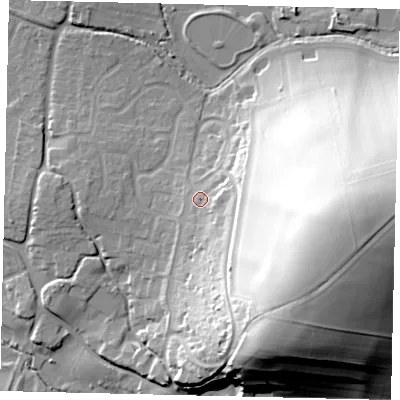 Shaded relief map of the ground around BN443TJ, computed from Environment Agency LiDAR. The ground here sits at about 12 m above sea level and falls 57 m across the surrounding 800 m. Surface water reaching this point runs off ground lying to the east, 47.4 m higher.