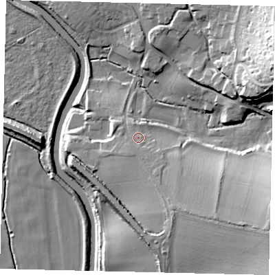 Shaded relief map of the ground around BN443TN, computed from Environment Agency LiDAR. The ground here sits at about 10 m above sea level and falls 28 m across the surrounding 800 m. Surface water reaching this point runs off ground lying to the south-south-east, 7.2 m higher.
