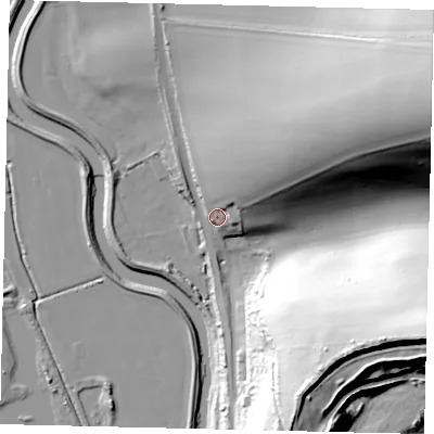 Shaded relief map of the ground around BN443TU, computed from Environment Agency LiDAR. The ground here sits at about 9 m above sea level and falls 66 m across the surrounding 800 m. Surface water reaching this point runs off ground lying to the north-east, 26.7 m higher.