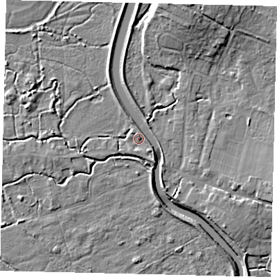 Shaded relief map of the ground around BN443UW, computed from Environment Agency LiDAR. The ground here sits at about 4 m above sea level and falls 11 m across the surrounding 800 m. Surface water reaching this point runs off ground lying to the south-south-east, 2.0 m higher.