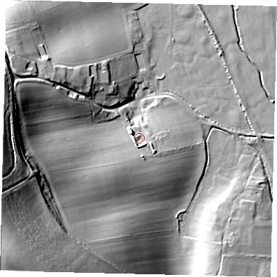 Shaded relief map of the ground around BN443WB, computed from Environment Agency LiDAR. The ground here sits at about 10 m above sea level and falls 52 m across the surrounding 800 m. Surface water reaching this point runs off ground lying to the south-west, 8.8 m higher.