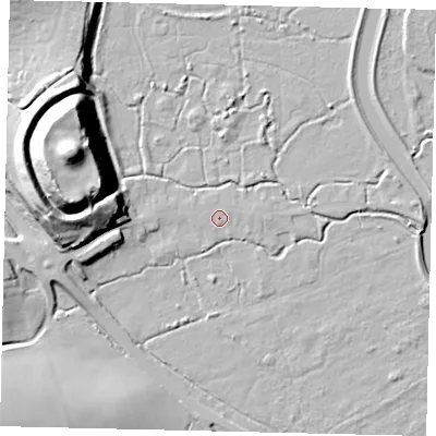 Shaded relief map of the ground around BN443WE, computed from Environment Agency LiDAR. The ground here sits at about 3 m above sea level and falls 34 m across the surrounding 800 m. Surface water reaching this point runs off ground lying to the north-north-east, 0.7 m higher.