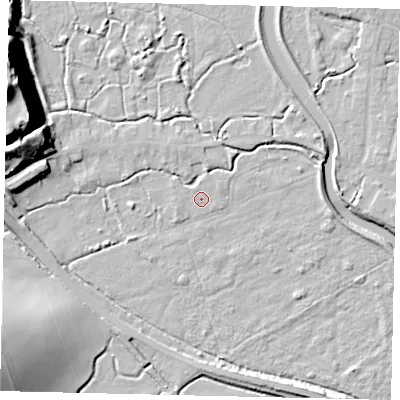 Shaded relief map of the ground around BN443WF, computed from Environment Agency LiDAR. The ground here sits at about 3 m above sea level and falls 34 m across the surrounding 800 m. Surface water reaching this point runs off ground lying to the east-north-east, 0.7 m higher.