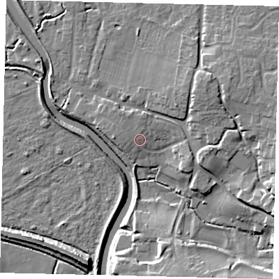 Shaded relief map of the ground around BN443WH, computed from Environment Agency LiDAR. The ground here sits at about 6 m above sea level and falls 12 m across the surrounding 800 m. Surface water reaching this point runs off ground lying to the north-north-east, 1.3 m higher.