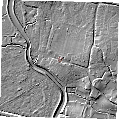 Shaded relief map of the ground around BN443WN, computed from Environment Agency LiDAR. The ground here sits at about 5 m above sea level and falls 9 m across the surrounding 800 m. Surface water reaching this point runs off ground lying to the east, 5.3 m higher.