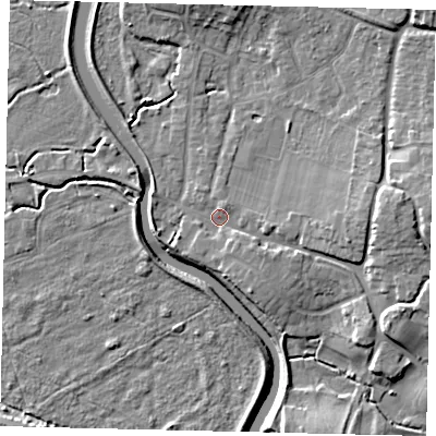 Shaded relief map of the ground around BN443WP, computed from Environment Agency LiDAR. The ground here sits at about 4 m above sea level and falls 9 m across the surrounding 800 m. Surface water reaching this point runs off ground lying to the east, 6.0 m higher.