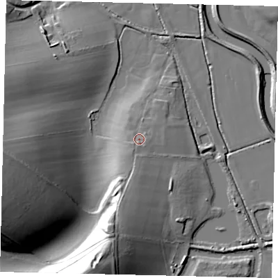 Shaded relief map of the ground around BN443WS, computed from Environment Agency LiDAR. The ground here sits at about 8 m above sea level and falls 36 m across the surrounding 800 m. Surface water reaching this point runs off ground lying to the south-south-west, 2.8 m higher.