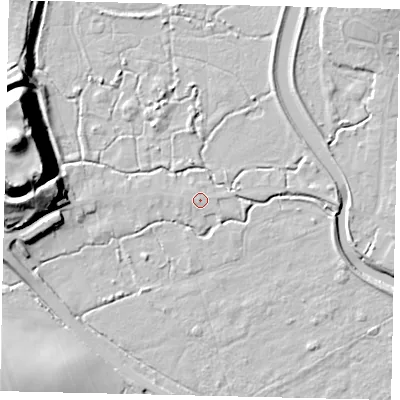 Shaded relief map of the ground around BN443WU, computed from Environment Agency LiDAR. The ground here sits at about 4 m above sea level and falls 35 m across the surrounding 800 m. Surface water reaching this point runs off ground lying to the west-south-west, 0.6 m higher.