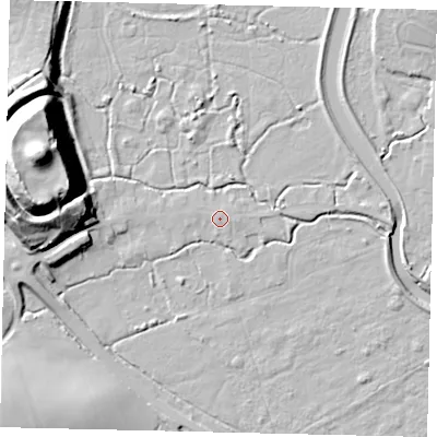 Shaded relief map of the ground around BN443WW, computed from Environment Agency LiDAR. The ground here sits at about 4 m above sea level and falls 35 m across the surrounding 800 m. The ground contributing surface water to this point lies to the east.