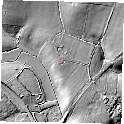 Shaded relief map of the ground around BN443YG, computed from Environment Agency LiDAR. The ground here sits at about 14 m above sea level and falls 18 m across the surrounding 800 m. Surface water reaching this point runs off ground lying to the north, 1.2 m higher.