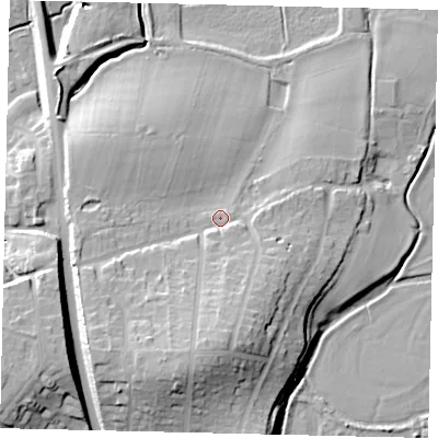 Shaded relief map of the ground around BN443YR, computed from Environment Agency LiDAR. The ground here sits at about 10 m above sea level and falls 19 m across the surrounding 800 m. Surface water reaching this point runs off ground lying to the south, 10.8 m higher.