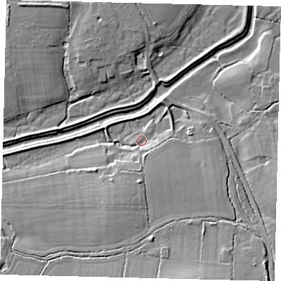 Shaded relief map of the ground around BN59AD, computed from Environment Agency LiDAR. The ground here sits at about 4 m above sea level and falls 14 m across the surrounding 800 m. Surface water reaching this point runs off ground lying to the south-south-west, 8.5 m higher.