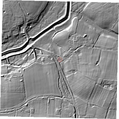 Shaded relief map of the ground around BN59AL, computed from Environment Agency LiDAR. The ground here sits at about 6 m above sea level and falls 13 m across the surrounding 800 m. Surface water reaching this point runs off ground lying to the east-south-east, 8.1 m higher.