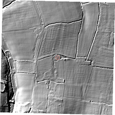 Shaded relief map of the ground around BN59BA, computed from Environment Agency LiDAR. The ground here sits at about 17 m above sea level and falls 21 m across the surrounding 800 m. Surface water reaching this point runs off ground lying to the south, 8.9 m higher.