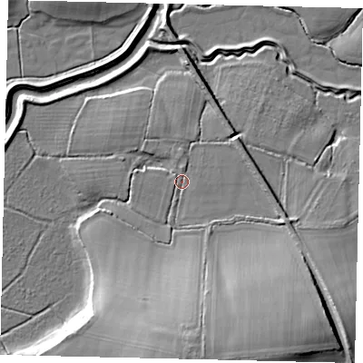 Shaded relief map of the ground around BN59QT, computed from Environment Agency LiDAR. The ground here sits at about 6 m above sea level and falls 18 m across the surrounding 800 m. Surface water reaching this point runs off ground lying to the south, 12.8 m higher.
