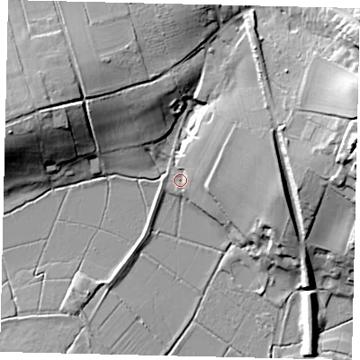 Shaded relief map of the ground around BN59QY, computed from Environment Agency LiDAR. The ground here sits at about 4 m above sea level and falls 30 m across the surrounding 800 m. Surface water reaching this point runs off ground lying to the east-north-east, 26.1 m higher.