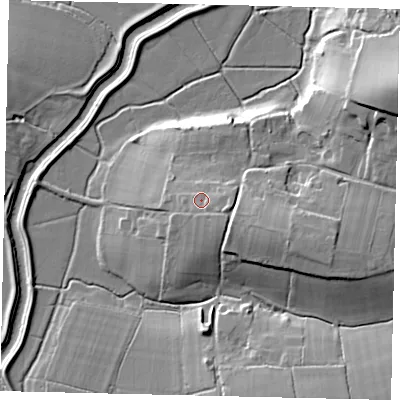 Shaded relief map of the ground around BN59RF, computed from Environment Agency LiDAR. The ground here sits at about 12 m above sea level and falls 22 m across the surrounding 800 m. Surface water reaching this point runs off ground lying to the east-south-east, 2.6 m higher.