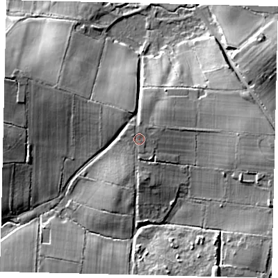 Shaded relief map of the ground around BN59SJ, computed from Environment Agency LiDAR. The ground here sits at about 18 m above sea level and falls 19 m across the surrounding 800 m. Surface water reaching this point runs off ground lying to the north-west, 1.0 m higher.