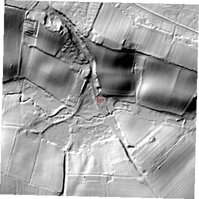 Shaded relief map of the ground around BN59SQ, computed from Environment Agency LiDAR. The ground here sits at about 9 m above sea level and falls 37 m across the surrounding 800 m. Surface water reaching this point runs off ground lying to the north, 33.4 m higher.