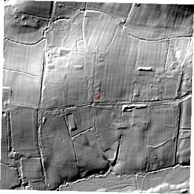 Shaded relief map of the ground around BN59TG, computed from Environment Agency LiDAR. The ground here sits at about 28 m above sea level and falls 22 m across the surrounding 800 m. Surface water reaching this point runs off ground lying to the north-north-west, 1.8 m higher.