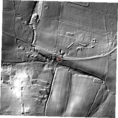 Shaded relief map of the ground around BN59TL, computed from Environment Agency LiDAR. The ground here sits at about 45 m above sea level and falls 28 m across the surrounding 800 m. Surface water reaching this point runs off ground lying to the north, 2.5 m higher.