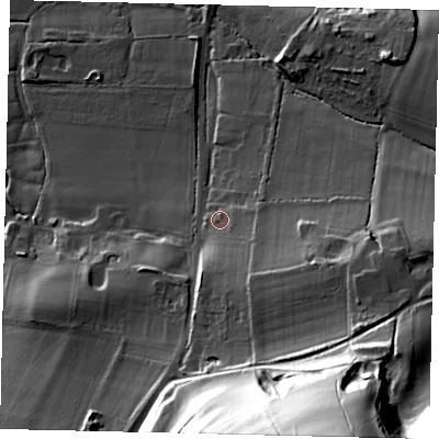 Shaded relief map of the ground around BN59XJ, computed from Environment Agency LiDAR. The ground here sits at about 17 m above sea level and falls 77 m across the surrounding 800 m. Surface water reaching this point runs off ground lying to the south-east, 13.9 m higher.