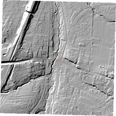 Shaded relief map of the ground around BN68AB, computed from Environment Agency LiDAR. The ground here sits at about 42 m above sea level and falls 19 m across the surrounding 800 m. Surface water reaching this point runs off ground lying to the south-west, 16.6 m higher.