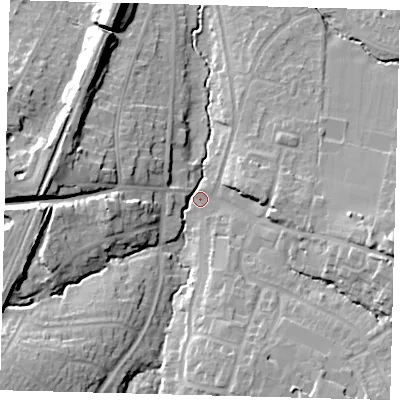 Shaded relief map of the ground around BN68AP, computed from Environment Agency LiDAR. The ground here sits at about 42 m above sea level and falls 19 m across the surrounding 800 m. Surface water reaching this point runs off ground lying to the south-west, 16.5 m higher.