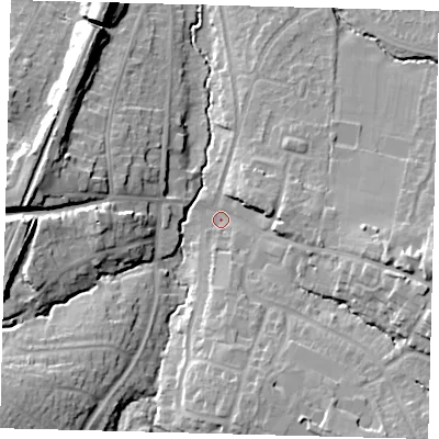 Shaded relief map of the ground around BN68AR, computed from Environment Agency LiDAR. The ground here sits at about 42 m above sea level and falls 18 m across the surrounding 800 m. Surface water reaching this point runs off ground lying to the east-south-east, 12.6 m higher.