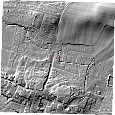 Shaded relief map of the ground around BN68BB, computed from Environment Agency LiDAR. The ground here sits at about 48 m above sea level and falls 22 m across the surrounding 800 m. Surface water reaching this point runs off ground lying to the south-south-east, 2.5 m higher.