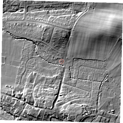 Shaded relief map of the ground around BN68BD, computed from Environment Agency LiDAR. The ground here sits at about 47 m above sea level and falls 21 m across the surrounding 800 m. Surface water reaching this point runs off ground lying to the east-north-east, 15.8 m higher.