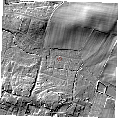 Shaded relief map of the ground around BN68BH, computed from Environment Agency LiDAR. The ground here sits at about 48 m above sea level and falls 23 m across the surrounding 800 m. Surface water reaching this point runs off ground lying to the north-east, 16.9 m higher.