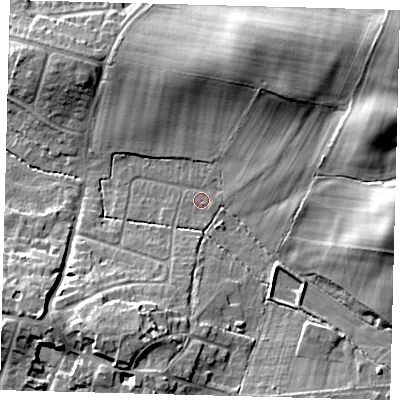 Shaded relief map of the ground around BN68BJ, computed from Environment Agency LiDAR. The ground here sits at about 49 m above sea level and falls 25 m across the surrounding 800 m. Surface water reaching this point runs off ground lying to the north-east, 20.8 m higher.