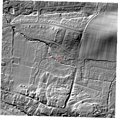 Shaded relief map of the ground around BN68BS, computed from Environment Agency LiDAR. The ground here sits at about 46 m above sea level and falls 21 m across the surrounding 800 m. Surface water reaching this point runs off ground lying to the east-north-east, 15.4 m higher.