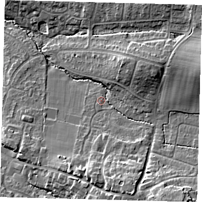 Shaded relief map of the ground around BN68BU, computed from Environment Agency LiDAR. The ground here sits at about 45 m above sea level and falls 21 m across the surrounding 800 m. Surface water reaching this point runs off ground lying to the south-east, 15.5 m higher.