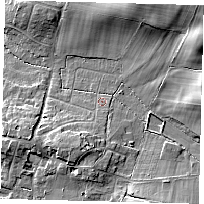 Shaded relief map of the ground around BN68BW, computed from Environment Agency LiDAR. The ground here sits at about 50 m above sea level and falls 22 m across the surrounding 800 m. Surface water reaching this point runs off ground lying to the south-south-west, 9.7 m higher.