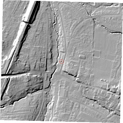 Shaded relief map of the ground around BN68DA, computed from Environment Agency LiDAR. The ground here sits at about 43 m above sea level and falls 18 m across the surrounding 800 m. Surface water reaching this point runs off ground lying to the west-south-west, 16.1 m higher.