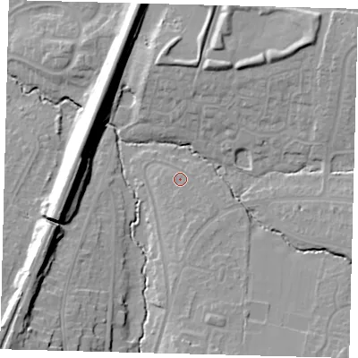 Shaded relief map of the ground around BN68DF, computed from Environment Agency LiDAR. The ground here sits at about 41 m above sea level and falls 20 m across the surrounding 800 m. Surface water reaching this point runs off ground lying to the north-east, 13.1 m higher.