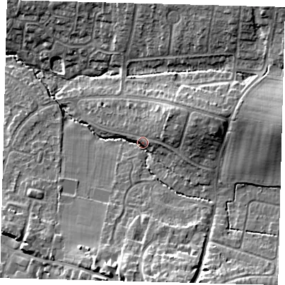 Shaded relief map of the ground around BN68DL, computed from Environment Agency LiDAR. The ground here sits at about 47 m above sea level and falls 18 m across the surrounding 800 m. Surface water reaching this point runs off ground lying to the south-south-east, 13.6 m higher.