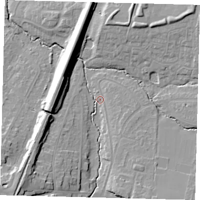 Shaded relief map of the ground around BN68DY, computed from Environment Agency LiDAR. The ground here sits at about 40 m above sea level and falls 21 m across the surrounding 800 m. Surface water reaching this point runs off ground lying to the south-west, 18.6 m higher.