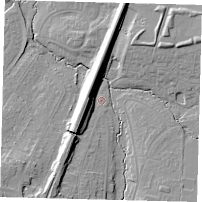Shaded relief map of the ground around BN68EU, computed from Environment Agency LiDAR. The ground here sits at about 39 m above sea level and falls 22 m across the surrounding 800 m. Surface water reaching this point runs off ground lying to the south-south-west, 18.5 m higher.