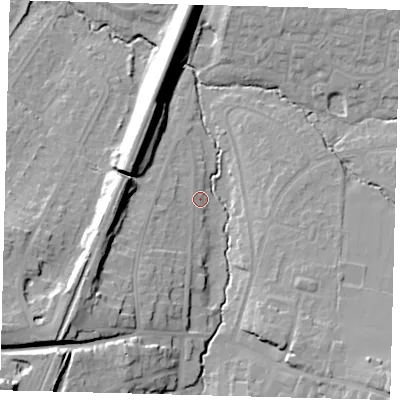 Shaded relief map of the ground around BN68EZ, computed from Environment Agency LiDAR. The ground here sits at about 41 m above sea level and falls 25 m across the surrounding 800 m. Surface water reaching this point runs off ground lying to the west-south-west, 19.0 m higher.