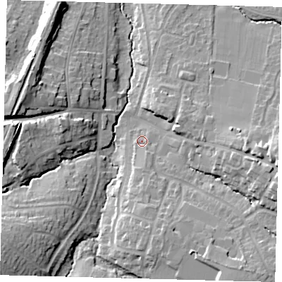 Shaded relief map of the ground around BN68FH, computed from Environment Agency LiDAR. The ground here sits at about 43 m above sea level and falls 18 m across the surrounding 800 m. Surface water reaching this point runs off ground lying to the south, 3.9 m higher.