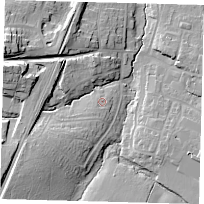 Shaded relief map of the ground around BN68HH, computed from Environment Agency LiDAR. The ground here sits at about 47 m above sea level and falls 26 m across the surrounding 800 m. Surface water reaching this point runs off ground lying to the south-south-west, 2.1 m higher.