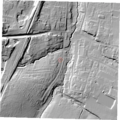 Shaded relief map of the ground around BN68HJ, computed from Environment Agency LiDAR. The ground here sits at about 45 m above sea level and falls 23 m across the surrounding 800 m. Surface water reaching this point runs off ground lying to the south-west, 12.6 m higher.